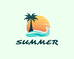 Sunset Ocean Palm Tree logo design