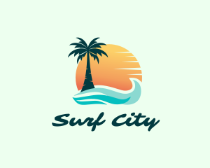 Sunset Ocean Palm Tree logo design