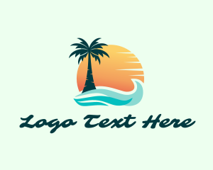 Beach Front - Sunset Ocean Palm Tree logo design