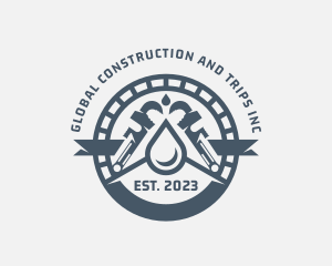 Home Repair - Pipe Wrench Plumbing Droplet logo design