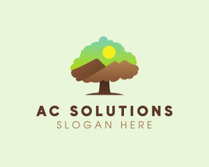 Oak Tree Mountain Sunset logo design