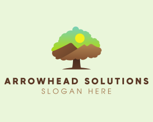 Oak Tree Mountain Sunset logo design