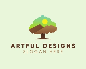 Oak Tree Mountain Sunset logo design