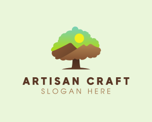 Oak Tree Mountain Sunset logo design