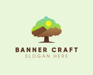 Oak Tree Mountain Sunset logo design