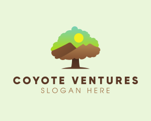 Oak Tree Mountain Sunset logo design