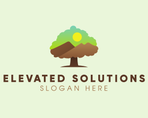 Oak Tree Mountain Sunset logo design