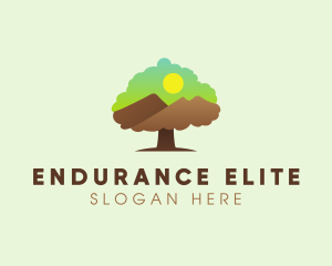 Oak Tree Mountain Sunset logo design