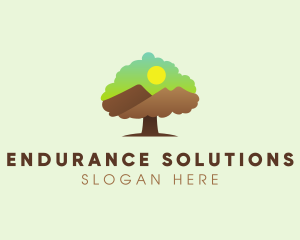 Oak Tree Mountain Sunset logo design