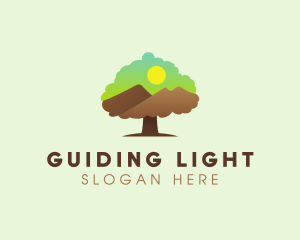 Oak Tree Mountain Sunset logo design