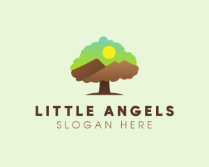 Oak Tree Mountain Sunset logo design