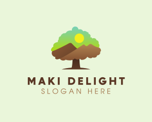 Oak Tree Mountain Sunset logo design