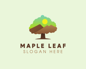 Oak Tree Mountain Sunset logo design