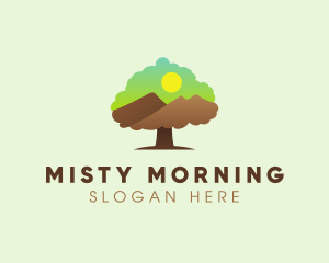 Oak Tree Mountain Sunset logo design