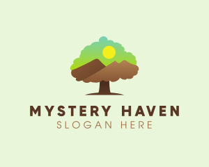 Oak Tree Mountain Sunset logo design