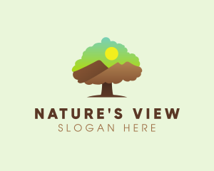 Scenic - Tree Mountain Sunset logo design
