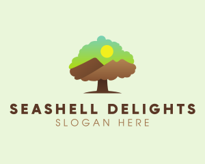 Oak Tree Mountain Sunset logo design