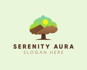 Oak Tree Mountain Sunset logo design