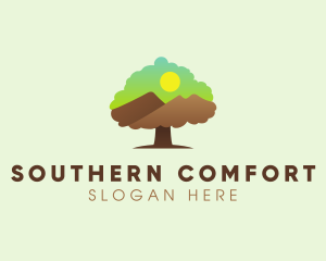 Oak Tree Mountain Sunset logo design