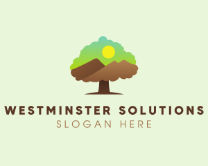 Oak Tree Mountain Sunset logo design