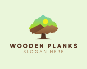 Oak Tree Mountain Sunset logo design