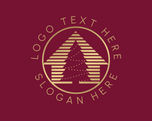 Log Cabin - Gold Christmas Tree House logo design