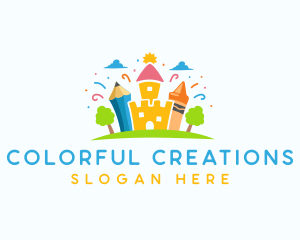 Crayon - Kindergarten Castle Pencil Crayon logo design