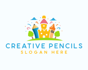 Kindergarten Castle Pencil Crayon logo design