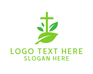 Green Cross - Leaf Religion Church Crucifix logo design