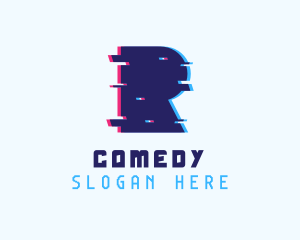 Video Game - Blue Tech Glitch Letter R logo design