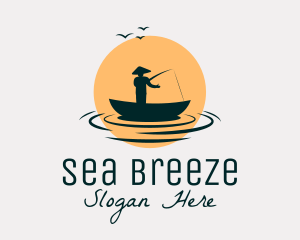 Fisherman Boat Sunset logo design