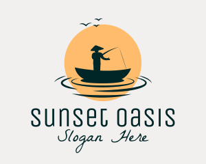 Fisherman Boat Sunset logo design