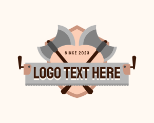 Shield - Saw Axe Lumberjack logo design