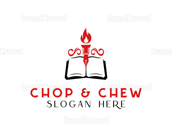 Pen Book Fire Torch Logo
