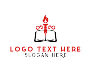 School - Pen Book Fire Torch logo design