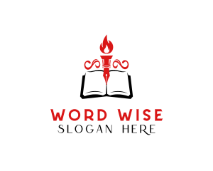 Literacy - Pen Book Fire Torch logo design