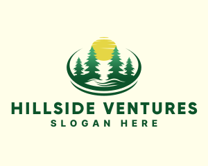 Hillside - Outdoor Hiking Pine Tree Sunset logo design