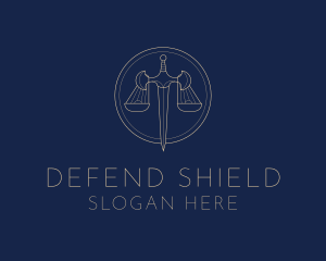 Defend - Scale Justice Sword logo design