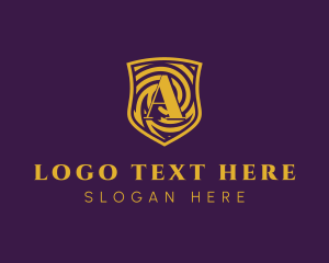 Defense - Gold Spiral Shield Letter A logo design