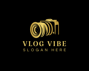 Vlogging - Golden Camera Lens logo design