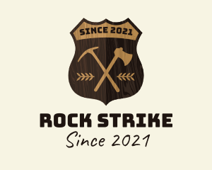 Pickaxe - Wooden Lumberjack Emblem Badge logo design