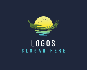 Island - Sunset Floating Palm Leaf logo design