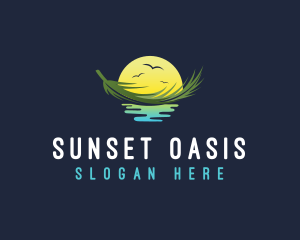 Sunset Floating Palm Leaf logo design