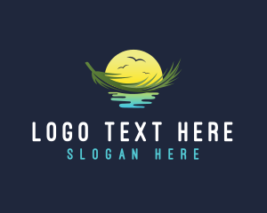 Ocean - Sunset Floating Palm Leaf logo design