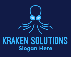 Kraken - Blue Octopus Headphones logo design