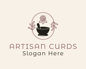 Floral Wreath Mortar Pestle logo design