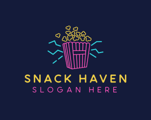 Snack Bar - Neon Popcorn Snack logo design