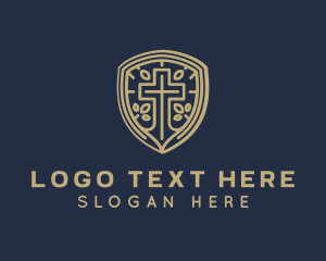 Gold - Shield Cross Preaching logo design