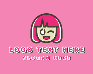 Pink Hair - Cute Cartoon Girl logo design