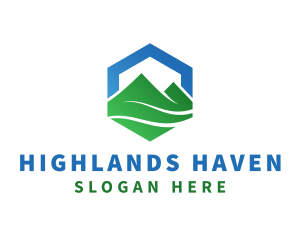 Highlands - Mountain Peak Hexagon logo design